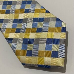Michael Strathan Men's Silk Blend Tie Navy Yellow Checkered Geometric NWT
